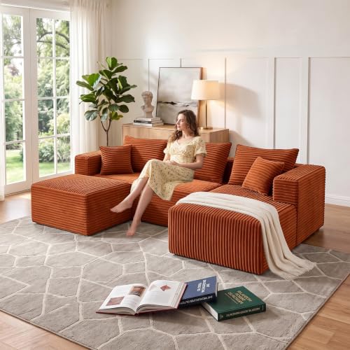 Image of 93 inch U-Shaped Boneless Couch, Corduroy Cloud Couch Sectional with Chaise and Ottoman, Deep Seat Modular Sectional Sofas for Living Room, No Assembly - Orange (Right Facing Chaise)