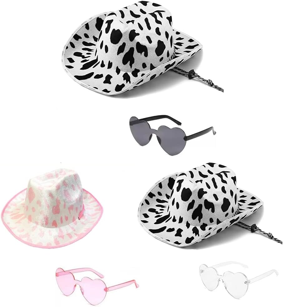 2pieces Cow Print Summer Cowgirl Hat with Heart Sunglasses Hat for Wedding