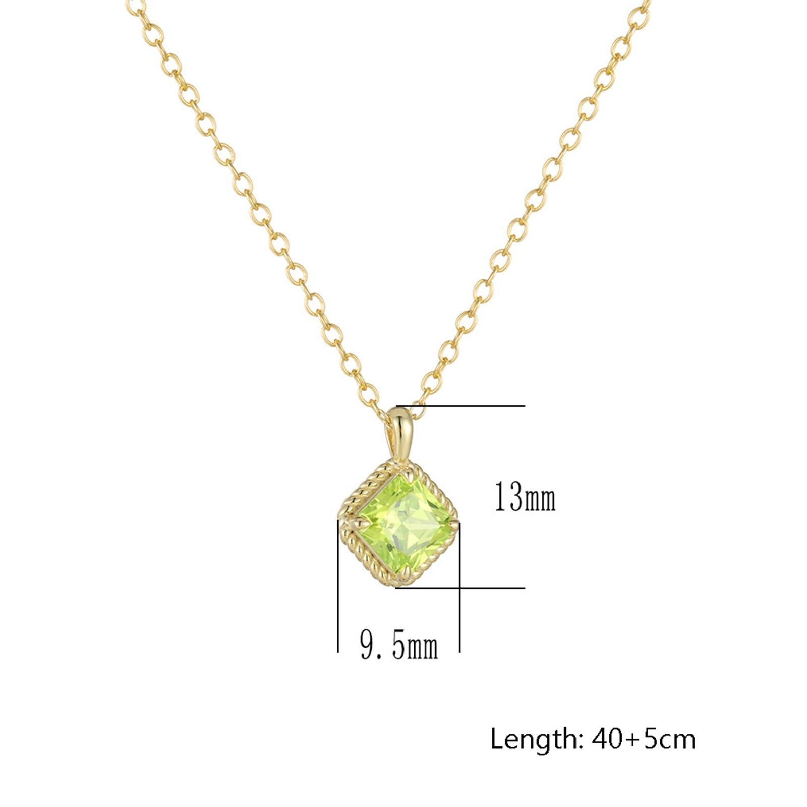Złoty naszyjnik damski z prawdziwego złota 18k/14k/9k z zawieszką kwadratową z perydotem, prawdziwa biżuteria, łańcuszek regulowany 40 + 5 cm