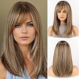 RSY Ash Brown Straight Human Hair Wigs for Women, Shoulder Length and Layered Real Hair Wig with Bangs for Daily Party Use