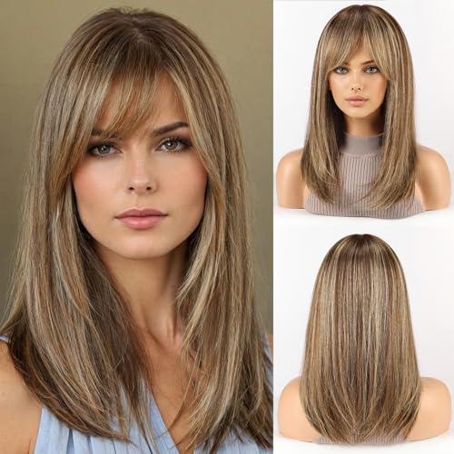 RSY Ash Brown Straight Human Hair Wigs for Women, Shoulder Length and Layered Real Hair Wig with Bangs for Daily Party Use