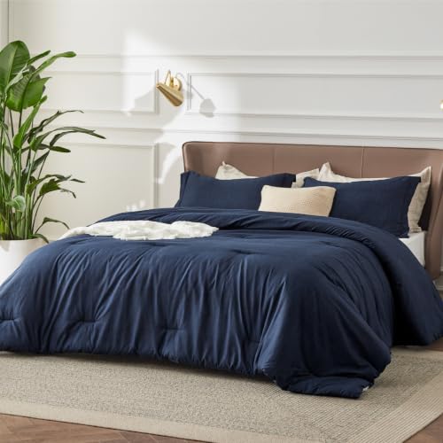 Image of Bedsure Oversized Queen Comforter Set - Navy Soft Bedding for All Seasons, Cationic Dyed Bed Set, 3 Pieces, 1 Oversized Queen Size Comforter (98 inchx98 inch) and 2 Pillow Shams (20 inchx26 inch+2 inch)