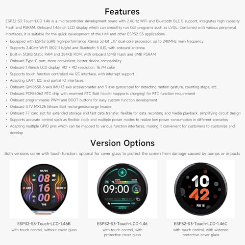 Image of Waveshare ESP32-S3 1.46inch Round Display Development Board, 412x412, Supports Wi-Fi & BLT, Accelerometer and Gyroscope Sensor, Onboard Speaker and Microphone, with Protective Cover Glass