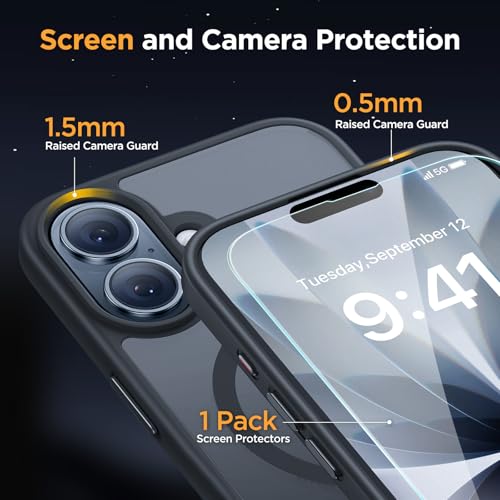 Image of Miracase Magnetic for iPhone 17 Case (Compatible with MagSafe) with Screen Protector Military-Grade Protection, Anti-Fingerprint Translucent Matte Phone Cover for iPhone 17 6.3 inch, Black