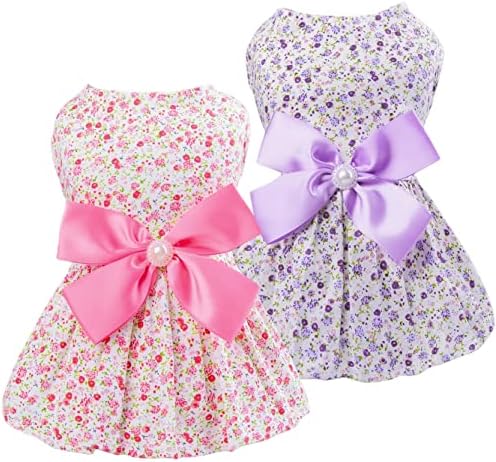 Petroom 2 Pieces Puppy Dog Floral Dress,Pup Pullover Sundress Cat Vest Shirt Clothes for Small Dogs Cats(Pink & Purple XS)