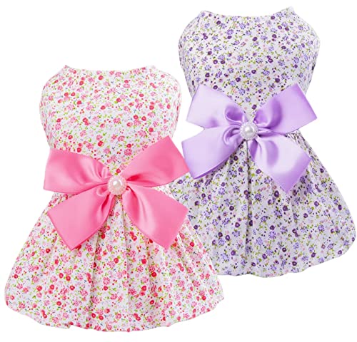 Petroom 2 Pieces Puppy Dog Floral Dress,Pup Pullover Sundress Cat Vest Shirt Clothes For Small Dogs Cats(Pink & Purple Xs) #TOP2