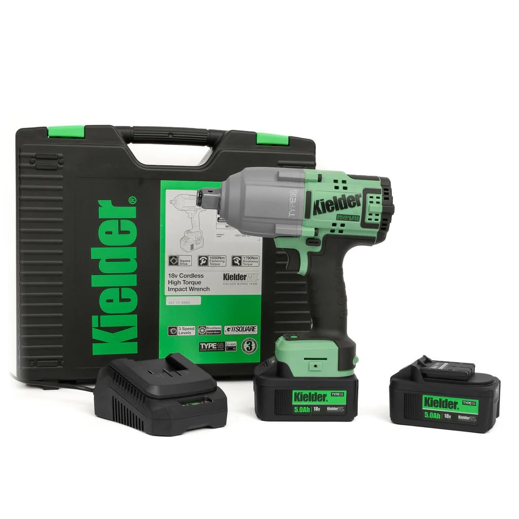 KielderKWT-085-32 18v Brushless Cordless 3/4" 1970Nm High Torque Impact Wrench Kit, 2 x 5.0Ah Li-ion TYPE18 Battery, Charger & Case
