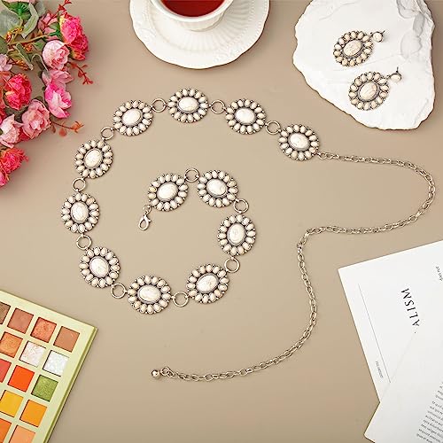 Sasylvia White Turquoise Concho Chain Belt Metal Western Waist Belts for Women Boho Turquoise Drop Earrings4
