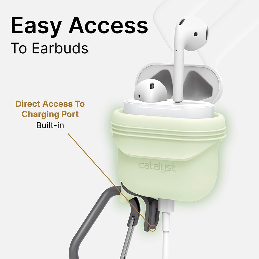 Catalyst - Cover Impermeabile e Antiurto per AirPods 1 e 2 con moschettone di alta qualità, ricarica wireless compatibile, custodia protettiva, alta protezione contro le cadute - Fosforescente
