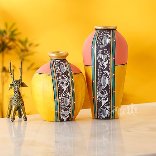 Image of Aakriti Art Creations Yellow Earthen Terracotta Vases Set of 2 with Madhubani Art | Handmade Matte Finish Decorative Flower Vases | Table Decor Items, Living Room Showpieces & Housewarming Gift