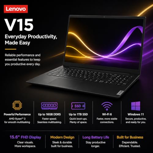 Image of Lenovo V15 2026 Student & Business Laptop, AMD Ryzen 3 7320U (Beats i7-1160G7), 15.6 inch FHD LED Display, 16GB RAM, 1TB SSD, Ethernet Port RJ-45, Windows 11 Pro, Business Black