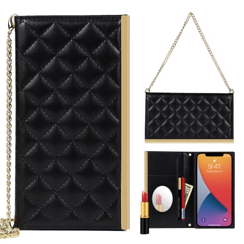 Étui portefeuille en cuir iPhone 13 lanière chaîne et support de carte noir