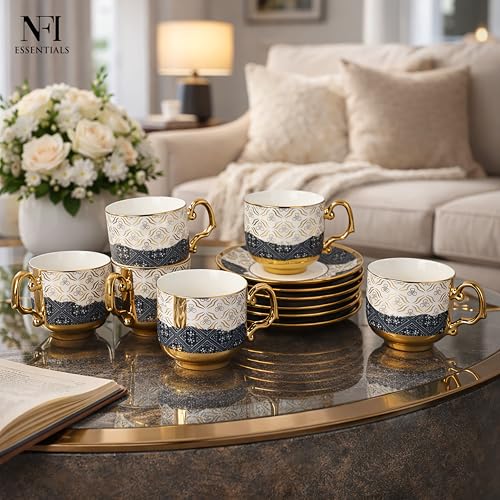 Image of NFI essentials Ceramic Cup & Saucer Set of 6 Pcs, Tea /Coffee Cup, Microwave & Dishwasher Safe, Premium Mug Perfect for Daily Use, Office, Gifting Elegant Golden Color Design 200ML