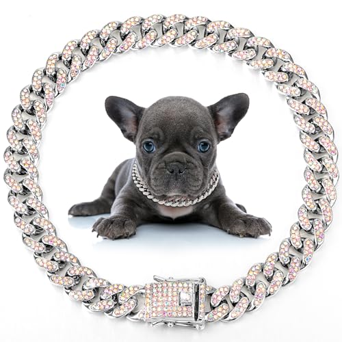 Image of LEIFIDE Dog Chain Collar Diamond Link Puppy Collar 12 mm Wide Dog Necklace Metal Cat Chain Pet Crystal Necklace Jewelry Accessories for Small Medium Large Pet(12 Inch,Silver, AB Color)