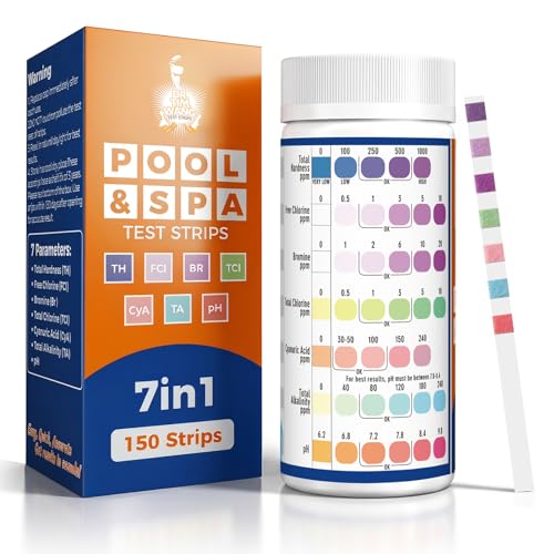 7 in 1 Hot Tub Test Strips 150 Strips Pool Test Strips for Swimming Pool & Spa Accurately Test pH Free Chlorine Total Chlorine Bromine Total Alkalinity Total Hardness Cyanuric Acid