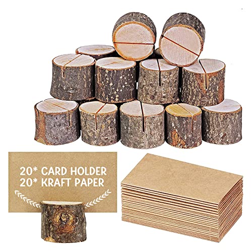 Tischkartenhalter Holz, 20pcs Holz Holzsteg kartenhalter Tischkartenhalter mit 20 Kraftpapier, Rustikale Echtholz-Tischnummernhalter Steht, Tischschildständer, Namenskarte für Hochzeitsfeier Cover