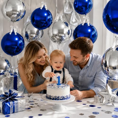 Image of 9 Pcs Blue Silver Round Foil Balloons Dark Navy Blue Metallic Silver Chrome 4D Ball Balloons 22 In Orbz Mylar Balloon for Graduation Grad Birthday Wedding Anniversary Disco Party Decorations