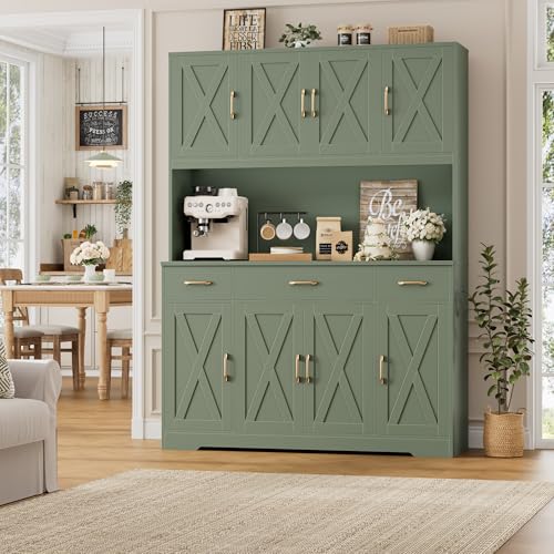 Image of HOSTACK 71 inch Tall Pantry Cabinet with Charging Station, 55 inch Wide Kitchen Pantry Storage Cabinet with Countertop, Large Kitchen Hutch with Storage Drawers and Microwave Stand for Dining Room, Green