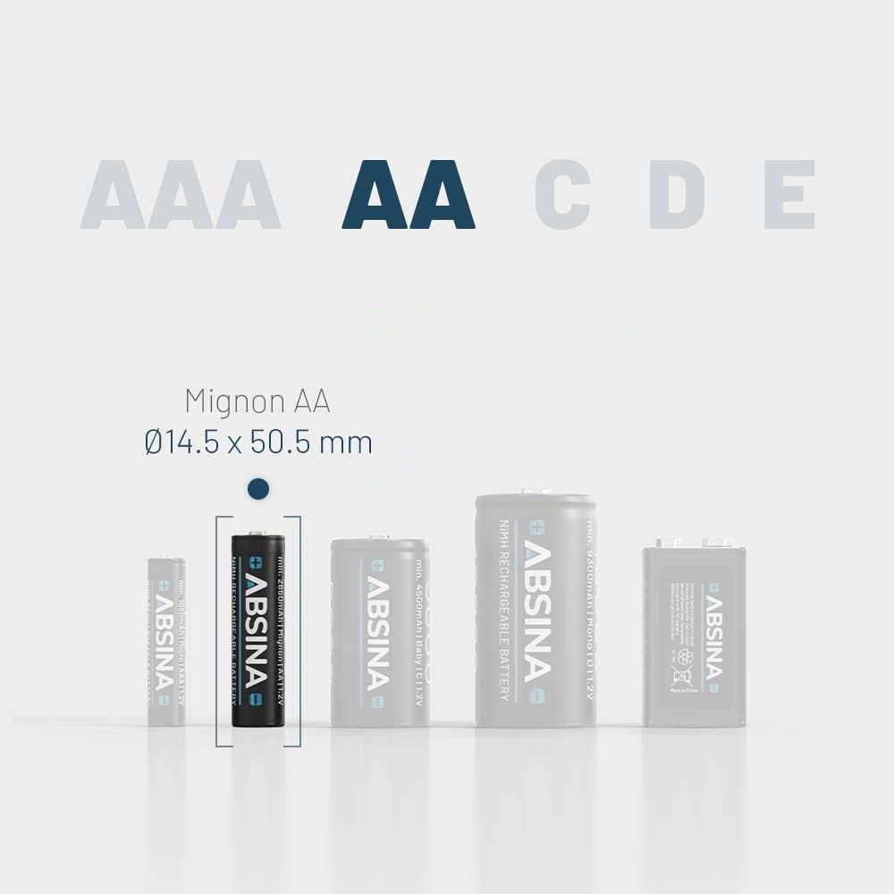 ABSINA Batterie ricaricabili AA 2900 Batteria NiMH AA da 1,2 V e min. 2650 | Confezione da 16 - mAh Batterie AA ricaricabili per dispositivi ad alto consumo energetico Pile controller torcia, Wii e Xbox