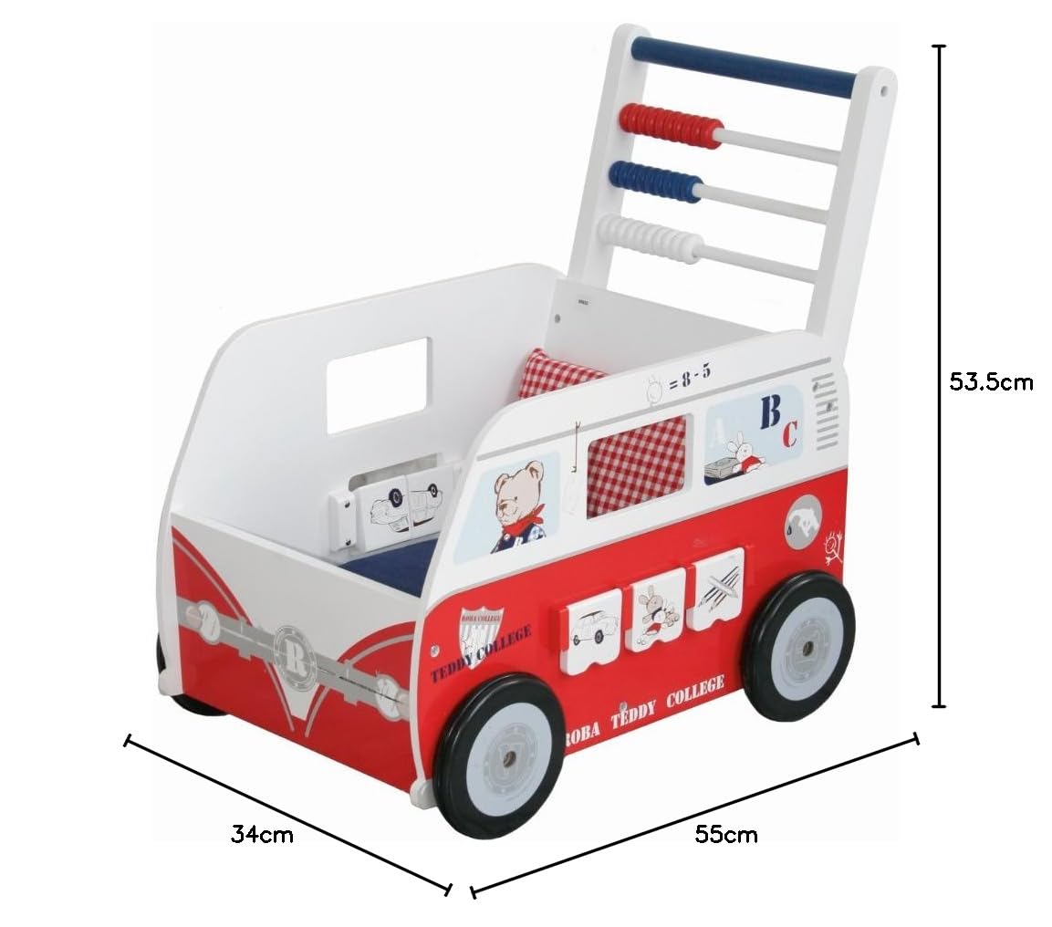 roba Teddybus aus Puppenmöbel Serie 'Teddy College', Puppenwagen weiss lackiert, Puppenzubehör inkl. Kissen, Decke und Spielfunktionen