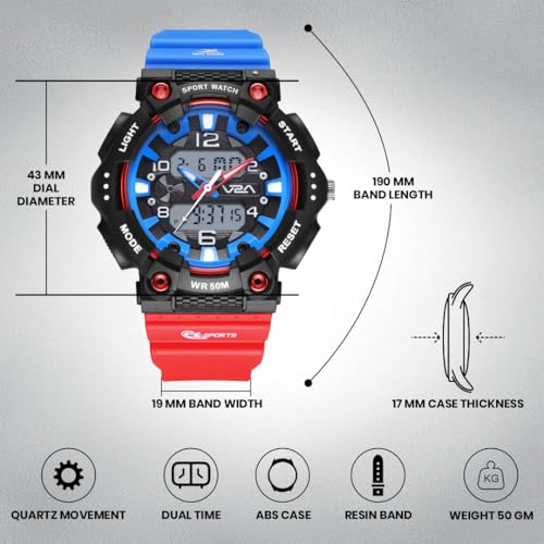 Image of V2A Nova Pro 43mm Analog Digital Sports Watch for Boys (8-14 Years) | Bolt Guard Sport Design | Alarm Stopwatch Backlight Day Date | TPU Strap | 50M Water Resistant| Gift for Boy
