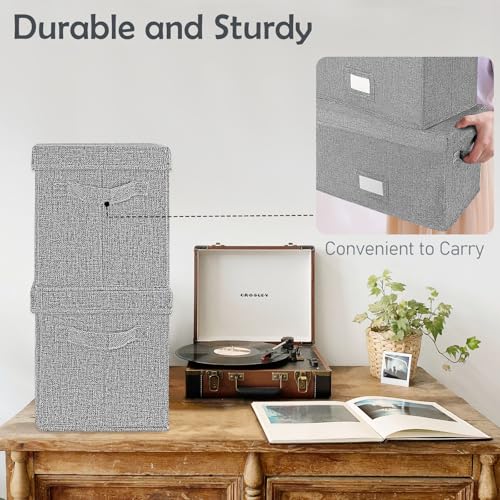 Woodoulogy Vinyl Record Storage Box for 7\"/45 RPM LPs, Grey Case with Lid Holds up to 80 Albums, CD Crate Play Music Collection Holder, Collapsible File Folder Cabinet Organizer with Handle