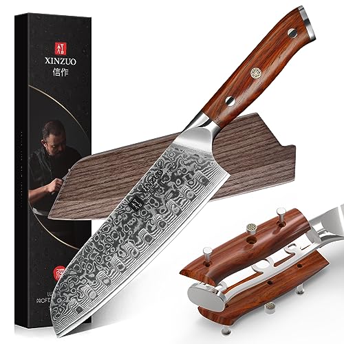 Xinzuo Acero De Damasco Cuchillo Santoku, 18cm Cuchillo De Cocinero Profesional Forjado Chef Cuchillos De Cocina Cuchillo De Verduras- Mango De Madera De Rosa- Con Funda Magnética -Serie Yu Xinzuo Acero De Damasco Cuchillo Santoku, 18cm Cuchillo De Cocinero Profesional Forjado Chef Cuchillos De Cocina Cuchillo De Verduras- Mango De Madera De Rosa- Con Funda Magnética -Serie Yu