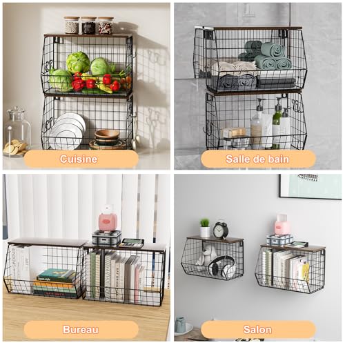Lot de 2 Corbeille a Fruit,Corbeille à Fruits Etagè pour Cuisine Panier a Fruit de Mural Cuisine Basket Avec un Couvercle en bois, Corbeilles à Fruits Pour Rangement Legumes, Fruits et Collations – vue 7