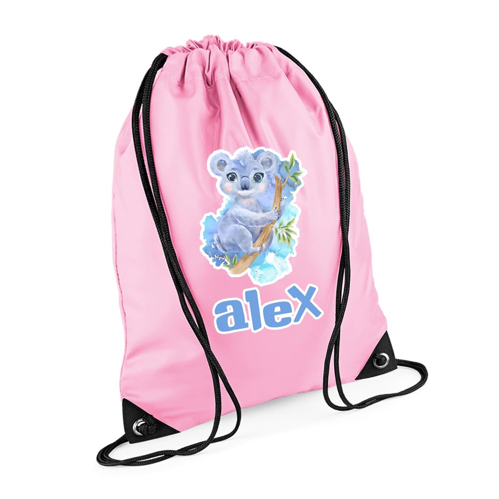 Getagift Personalized Cute Watercolour Koala Drawstring Bag for Kids, Back to School, Waterproof Sports Backpack, PE Kit Bag, Gym and Swimming Bag, Sport Rucksack. (Classic Pink)