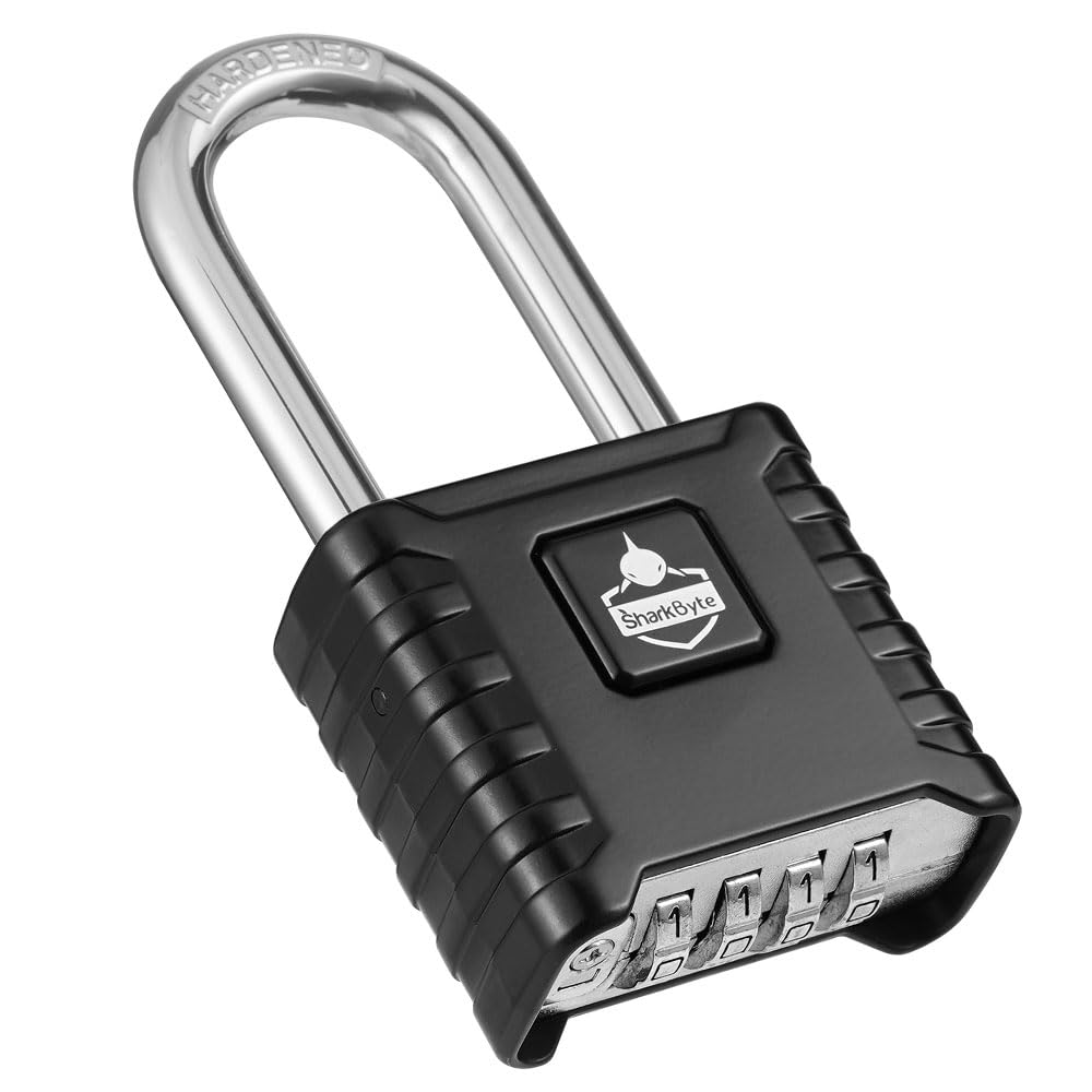 SharkByte Long Shackle Combination Padlock [Weatherproof] 52mm 4-Digit Outdoor Padlock with 8mm Stainless Steel Shackle, Anti-Rust & Resettable Code Lock for Gate, Fence, Garage, Shed, Gym - Black