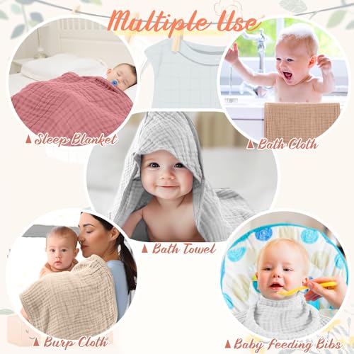 Image of VitalCozy 12 Pcs Baby Muslin Hooded Bath Towels and Washcloths, Muslin Hooded Baby Towels Absorbent Blankets for Gift Newborn Infant Shower (Pink Beige Series)