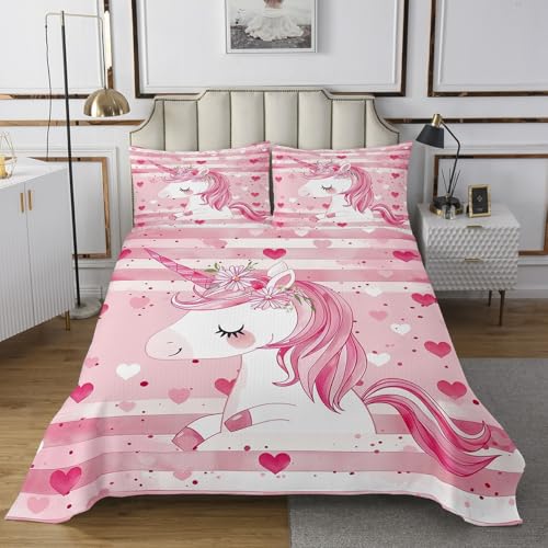 Unicorn Coverlet Set Twin Size,Cartoon Pink Flower Quilted Coverlet for Kids Children Room,Dreamy Fairy Tale Animals Bedspread 2 Piece Quilt Set with 1 Pillow Sham