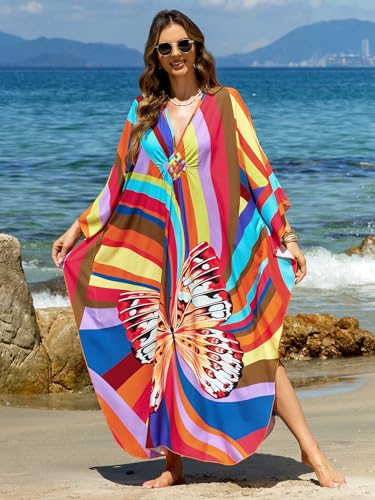Image of IMAGEKOPE Women's Plus Size Animal Print V-Neck Batwing Kaftan Beach Dress Bathing Suit Cover-Up Loungewear
