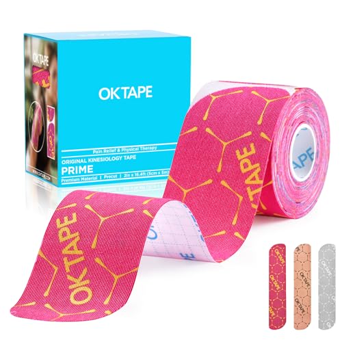 Image of OK TAPE Synthetic Kinesiology Tape Precut Strips, Waterproof Kinesiology Athletic Tape for Muscle Support and Recovery, Reduce Muscle Discomfort Tape, Durable, 2inx16.4ft Roll 20PCS | Pink