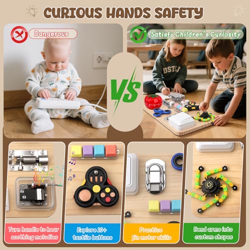 Image of Fidget Spinner Pad Busy Board Toys Robot Fidget Spinner Music Box Switch Latches Keyboard Sensory 11 in 1 Wooden Montessori Travel Activity Board Focus Toy Motor Skills Gift for Girls Boys