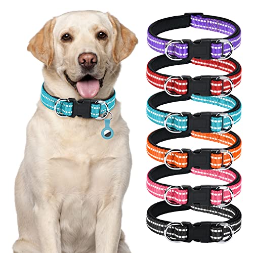 AUAUY Reflektierend Halsband Hund, Verstellbares Atmungsaktives Hundehalsband, Weich Gepolstertes Neopren Nylon Hunde Halsband mit AirTag-Hülle Doppel-D-Ring für Kleine Mittel Große Hunde(Blau-S)