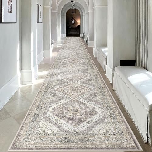 KUTA Extra Long Runner Rug for Hallway 2.6x18ft, Oriental Washable Kitchen Rugs, Ivory Grey Yellow Non-Slip Stair Runners Indoor Soft Printed Vintage Floral Carpet for Bedroom Living Room Nursery