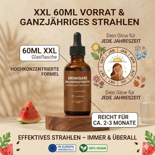 2026 Neu Trinkbare Bräunungstropfen, 60ml Bräunungstropfen zum Trinken, Selbstbräuner tropfen für Gesicht und Körper, Sunless Tanning Drops für natürliche Bräune, Schnelle Bräunung (1 Flasche)