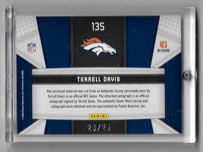 Terrell Davis Autographed & Serial Numbered #20/25 Fabric of The Game Player Worn Game Used Jersey Relic Memorabilia Auto Card Collectible Football Card - 2010 Panini Certified Football Card #135 (Broncos)