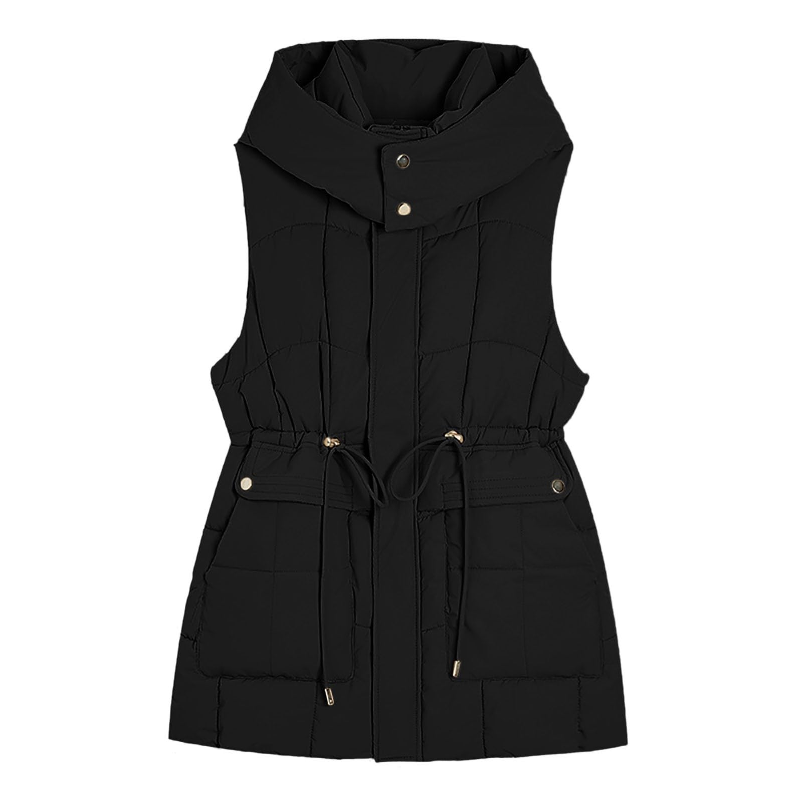 Gilet lungo trapuntato da donna con coulisse in vita, giacca senza maniche con cappuccio per calore e stile invernali