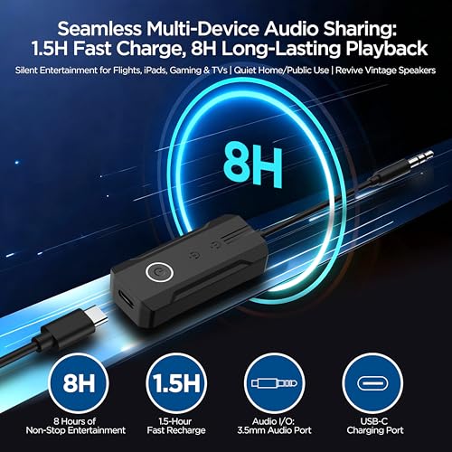 Enhanlife 2026 Bluetooth 6.0 Transmitter Receiver, 2-in-1 Airplane Travel Adapter for 2 AirPods/Headphones, 3.5mm AUX for Flight/TV/Car, Compatible with Apple AirPods 1/2/3/4 & Pro 1/2/3