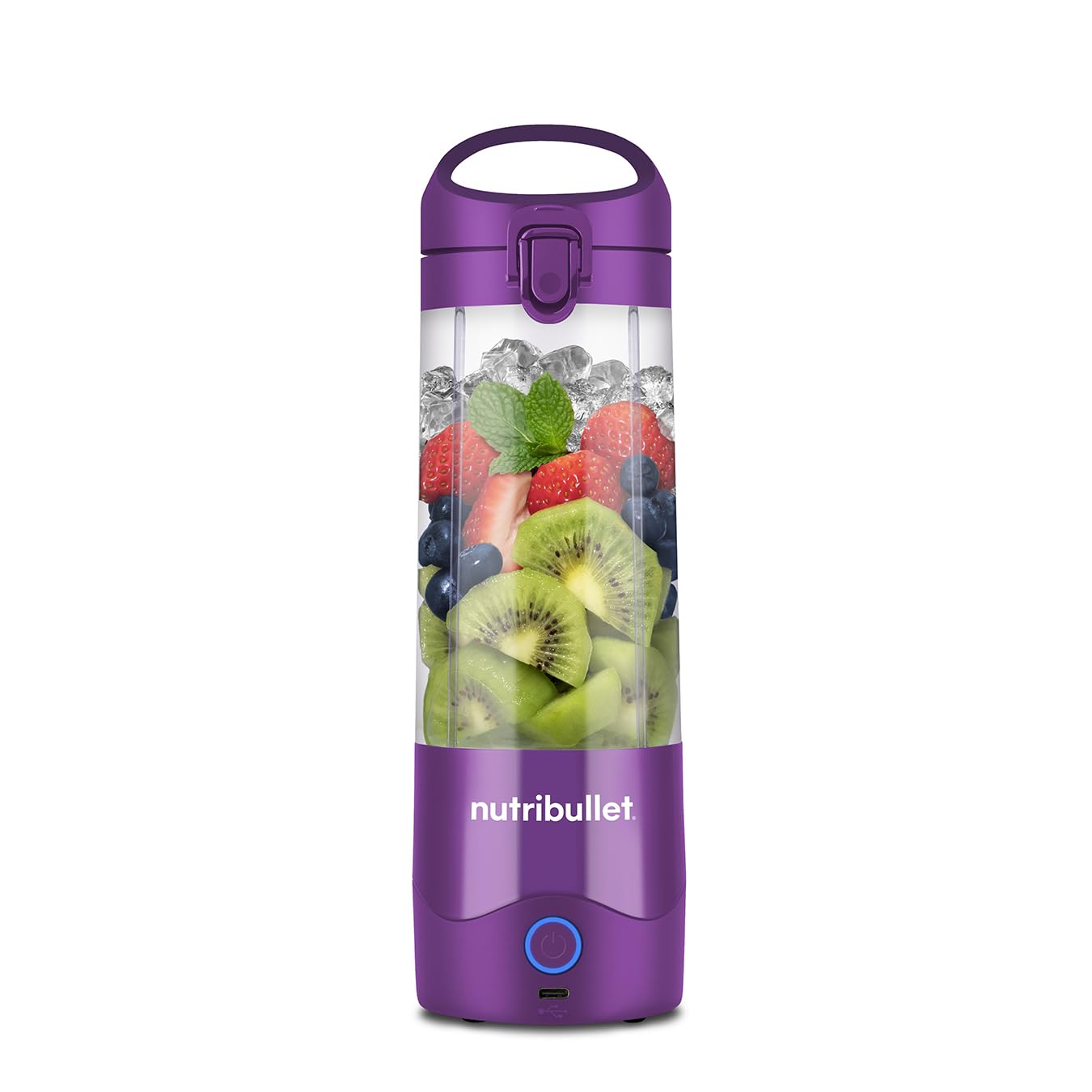 nutribullet Przenośny blender 60 W w kolorze fioletowym – wydajne ostrze ekstraktora, kubek 590 ml, pokrywka na wynos, kabel do ładowania USB-C i instrukcja obsługi – zapewnia ponad 15 cykli mieszania
