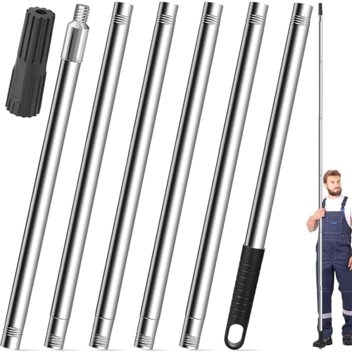 220cm Barra Telescópica con Mango PP & Adaptador Cónico, Poste Telescópico Acero Inoxidable, Pértiga Canalones Extensión 6 Segmentos para Pintar Ventanas, Palo Limpieza Extensible para Rodillo Pintura
