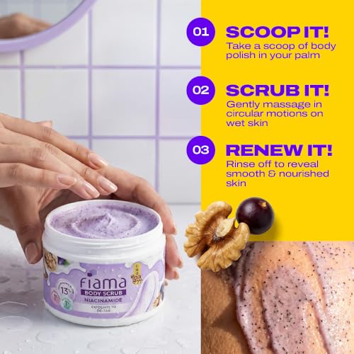 Image of Fiama Detan Body Scrub 200g, 1% Niacinamide + 1% Salicylic Acid, Chemical + Physical Exfoliation, 13% Resurfacing Blend, Sun-Tan Removal & Instant Brightness, Gourmet Fragrance
