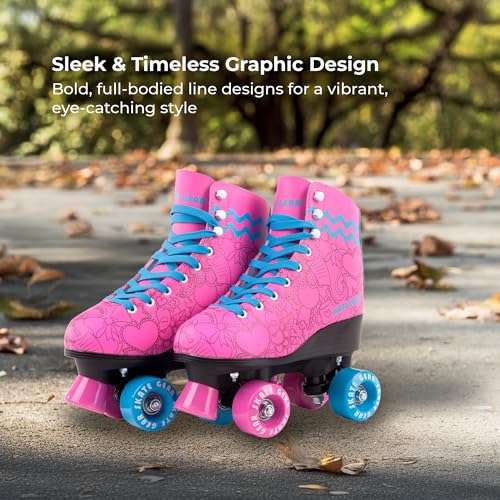 Image of Skate Gear Cute Graphic Quad Roller Skates for Kids and Adults (Graphic White /Pink, Women's 9 / Men's 8)