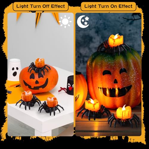 Image of 12Pcs Halloween Spider LED Tea Lights Battery Orange Spooky Home Dec | 3.4X2.8X2 in, Made of Smooth Plastic, Flameless Bright Spooky Decor For Halloween & Fun Holiday Parties
