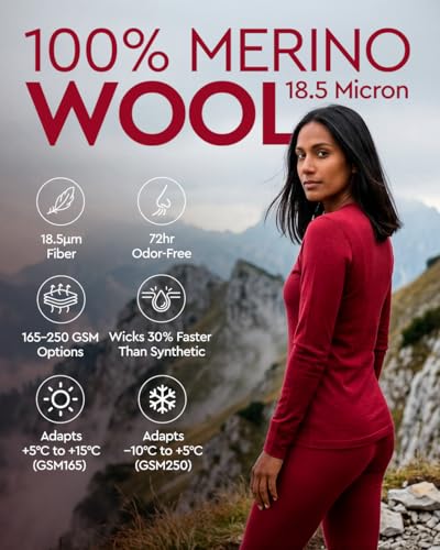 Image of MERINNOVATION Merino Wool Base Layer Set for Women 100% Merino Wool Thermal Underwear Sets Lite - Midweight Top Tank Bottom