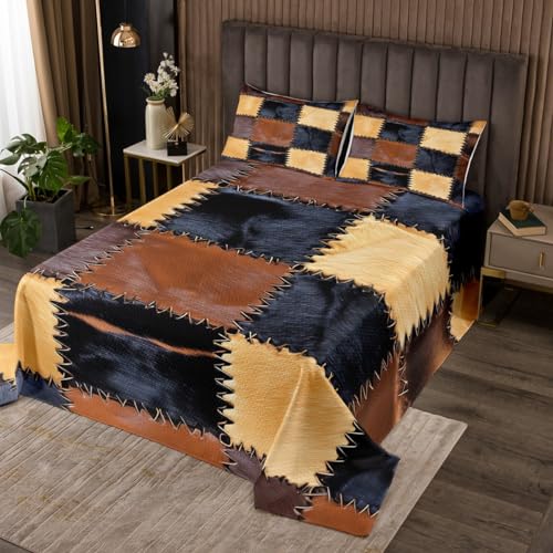 Cowhide Print Bedspread Western Cow Fur Patchwork Kids Quilted Coverlet for Boys Girls Rustic Farmhouse Coverlet Set Breathable Brown Orange Quilted Room Decor Twin Size