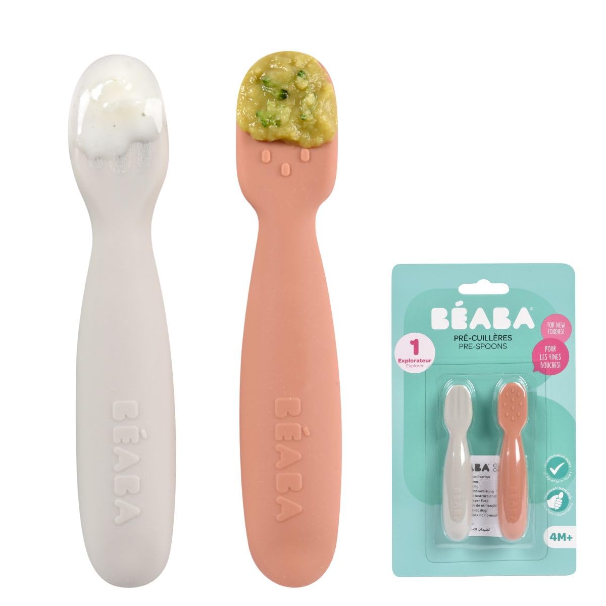 BÉABA, 2er-Set Babylöffel 1. Lebensjahr, Silikon-Pre-Löffel, Babybesteck, ab 4 Monaten, Ergonomische Form, Verschiedene Texturen, Ergonomischer Griff, Terrakotta/Samtgrau