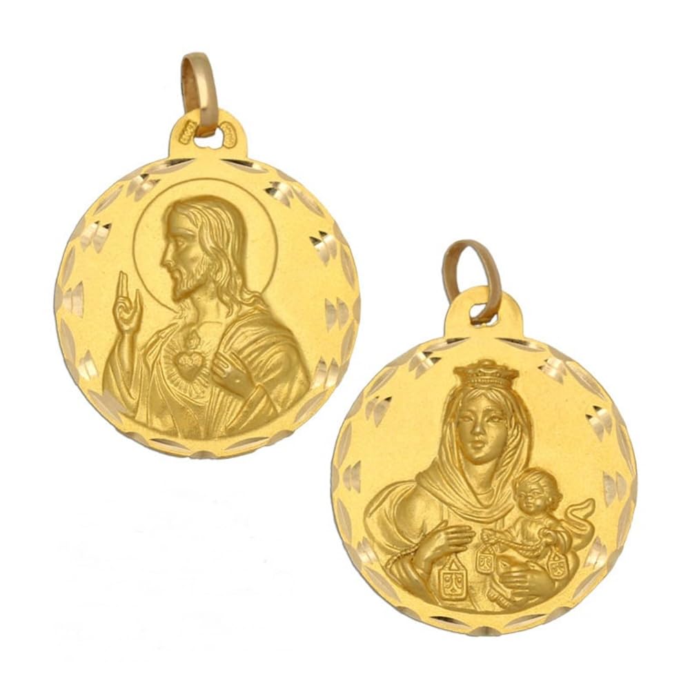 Médaille scapulaire Vierge du Carmen et Sacré-Cœur de Jésus, argent sterling 925 plaqué or, 20 mm, double face avec bord sculpté